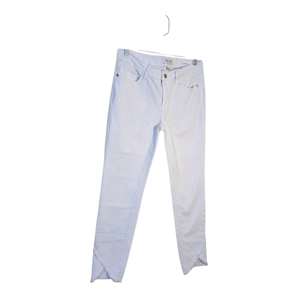 Judy Blue Women's 9/29 White Skinny Fit Frayed Tulip Hem Stretch Ankle Jeans